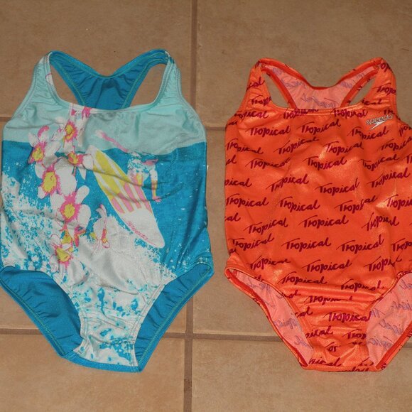 NWT 2 SPEEDO Racerback swim suits Orange Tropical & Blue Surfer sz 10 - Picture 1 of 2